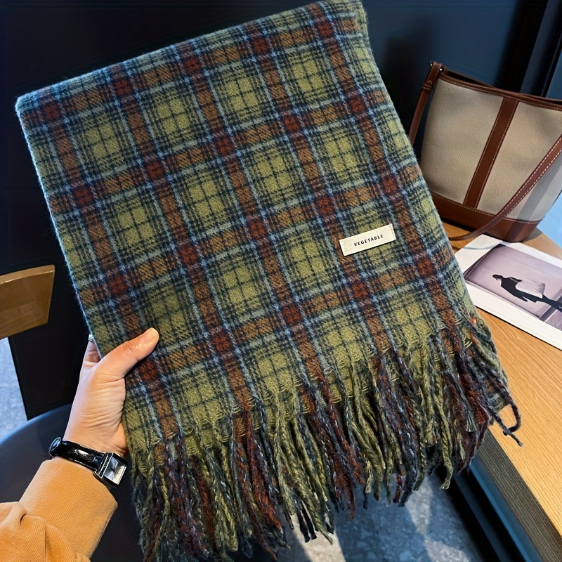 Vintage Green Plaid Tassel Sca - Shawl Wrap Winter avis et prix