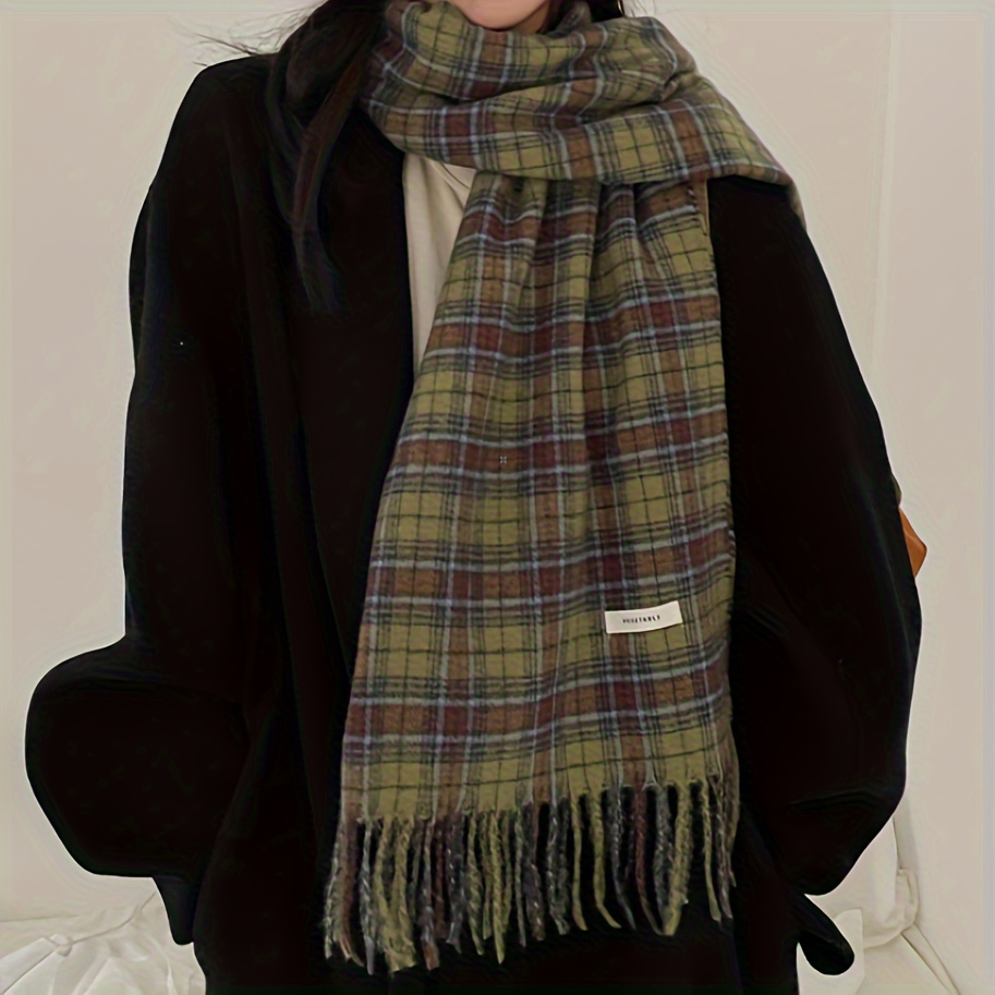 Vintage Green Plaid Tassel Sca - Shawl Wrap Winter avis et prix