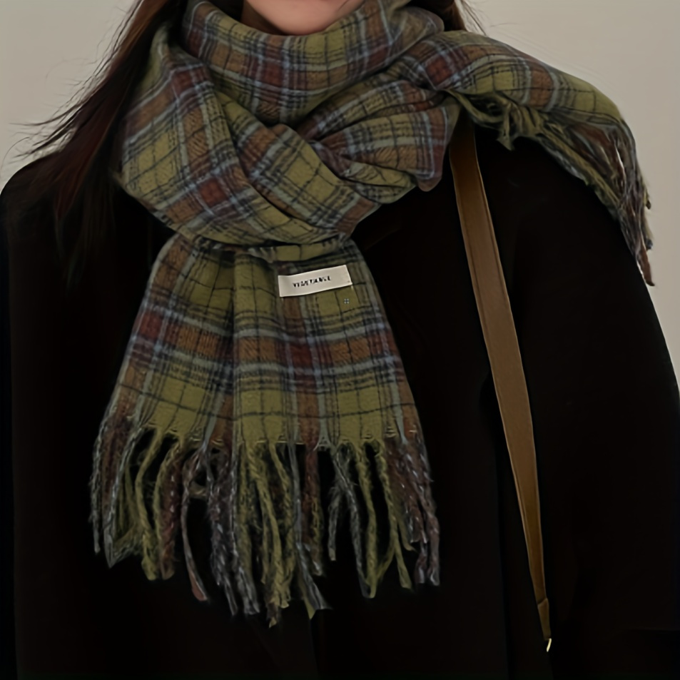 Vintage Green Plaid Tassel Sca - Shawl Wrap Winter avis et prix