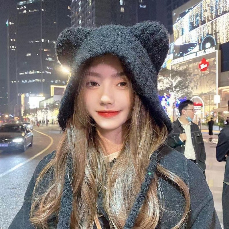 Winter Plush Bear Ear Wool Hat - Knit Beanie Hat Warm avis et prix